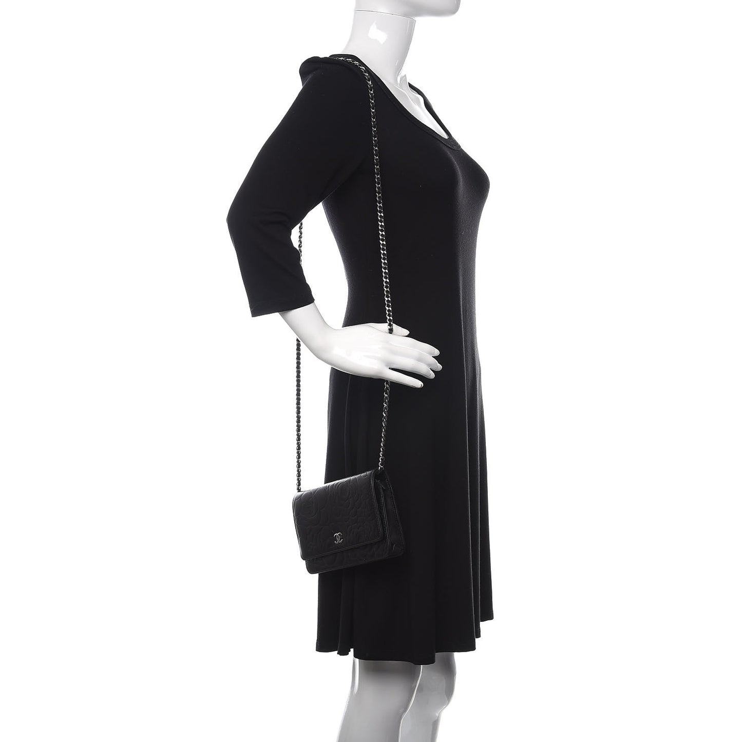 Goatskin Camellia Embossed Wallet on Chain WOC Black