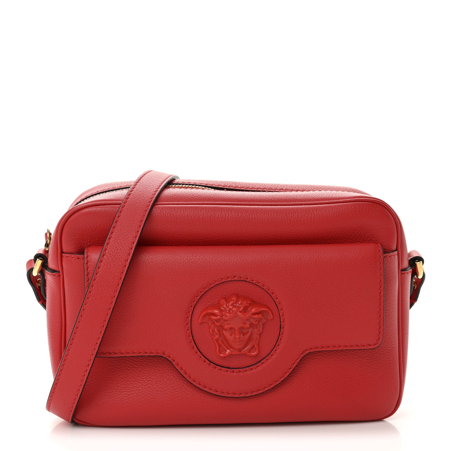 Grained Calfskin Medusa Camera Bag Red