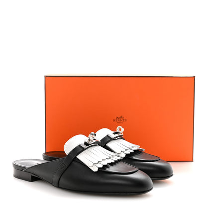 Hermes Calfskin Fringe Oz Mules 37 Black White 10 of 10