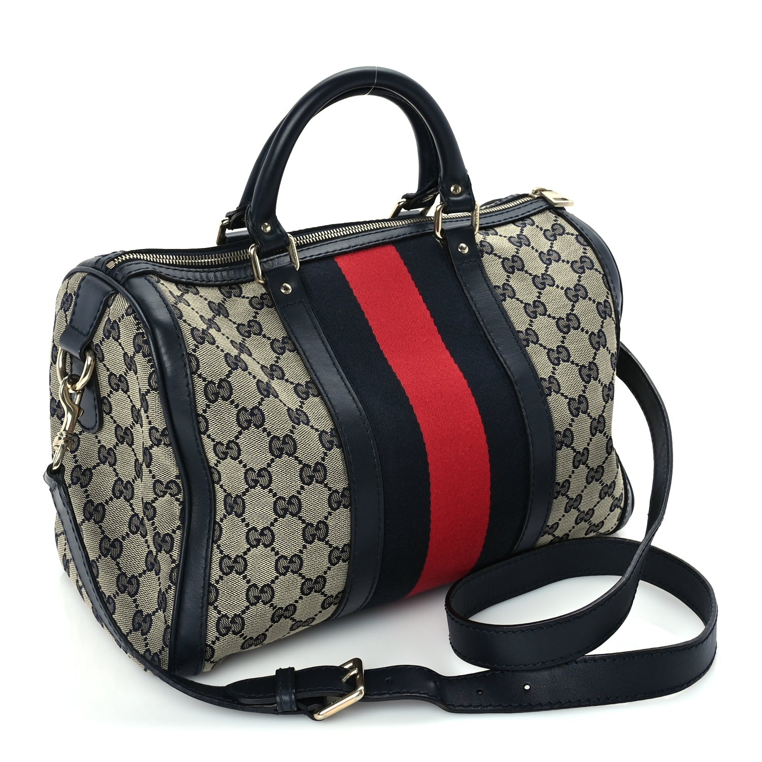 Gucci Monogram Selleria Calfskin Vintage Web Medium Boston Beige Blue 2 of 8