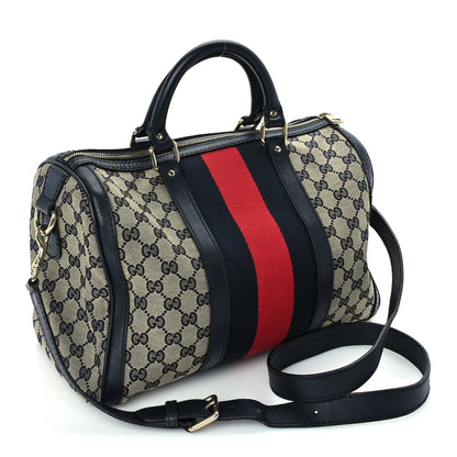 Gucci Monogram Selleria Calfskin Vintage Web Medium Boston Beige Blue 2 of 8
