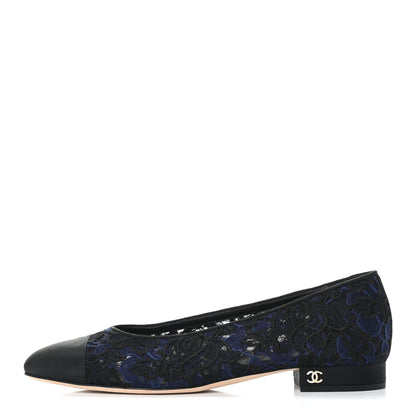 Chanel Lace Grosgrain Cap Toe CC Flats 37 Blue Black 1 of 7