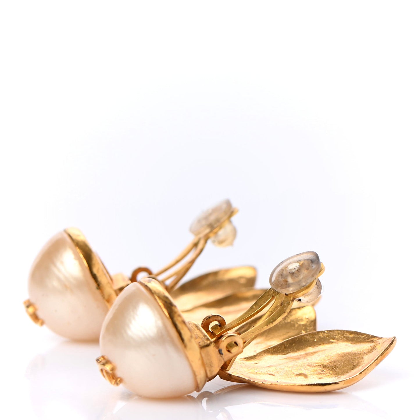 Pearl Leaf CC Clip On Earrings Gold