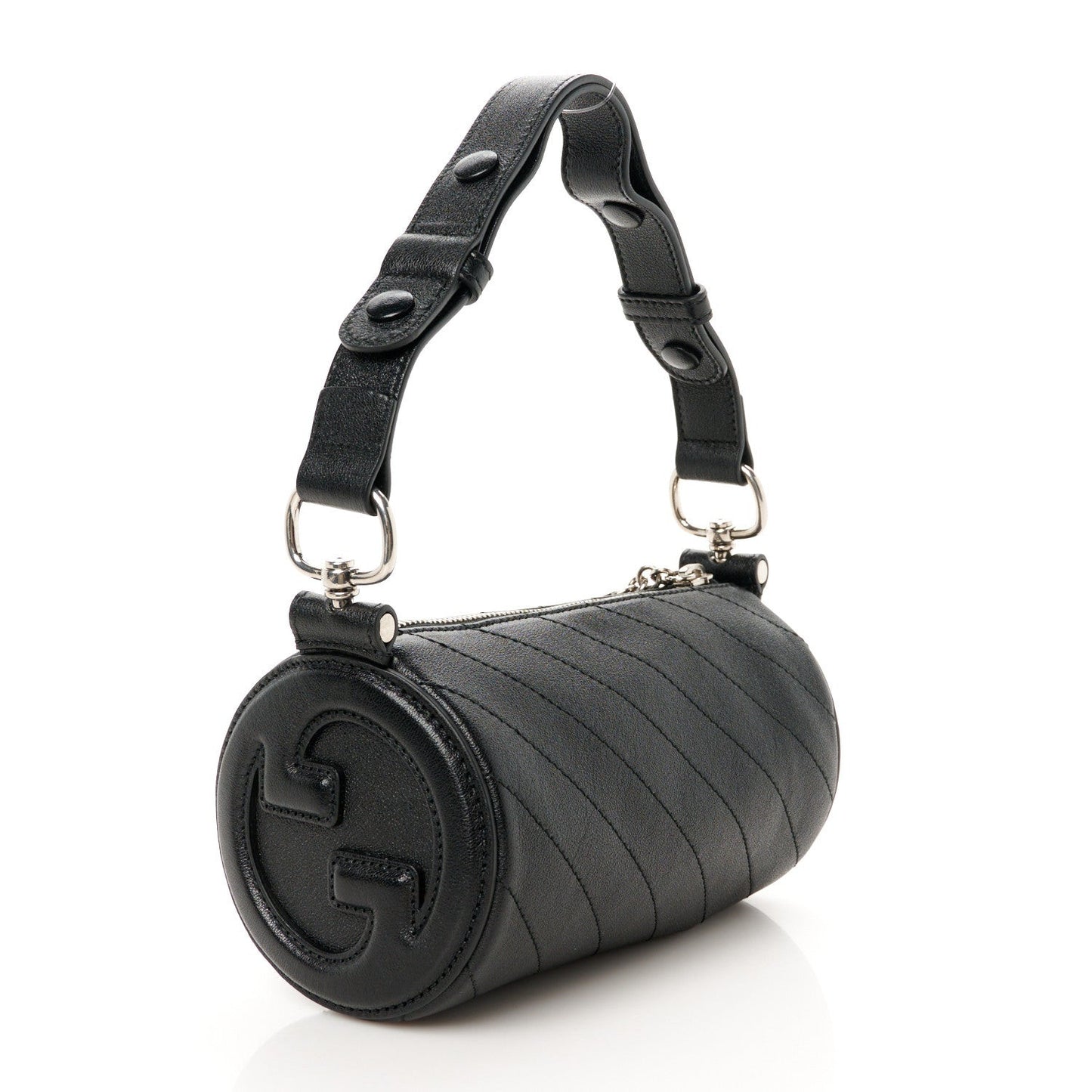 Sakai Be Green Calfskin Diagonal Stitched Mini Blondie Barrel Shoulder Bag Black