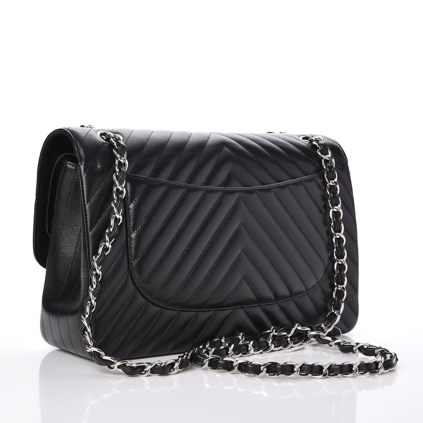 Metallic Caviar Chevron Quilted Jumbo Double Flap Black