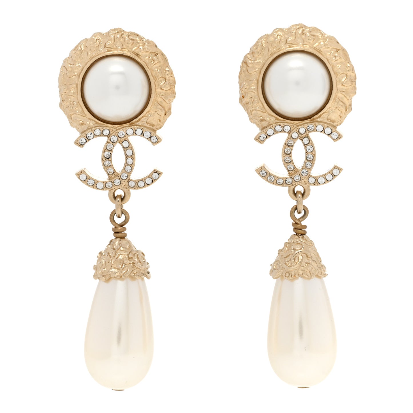 Metal Crystal Pearl CC Drop Earrings Gold