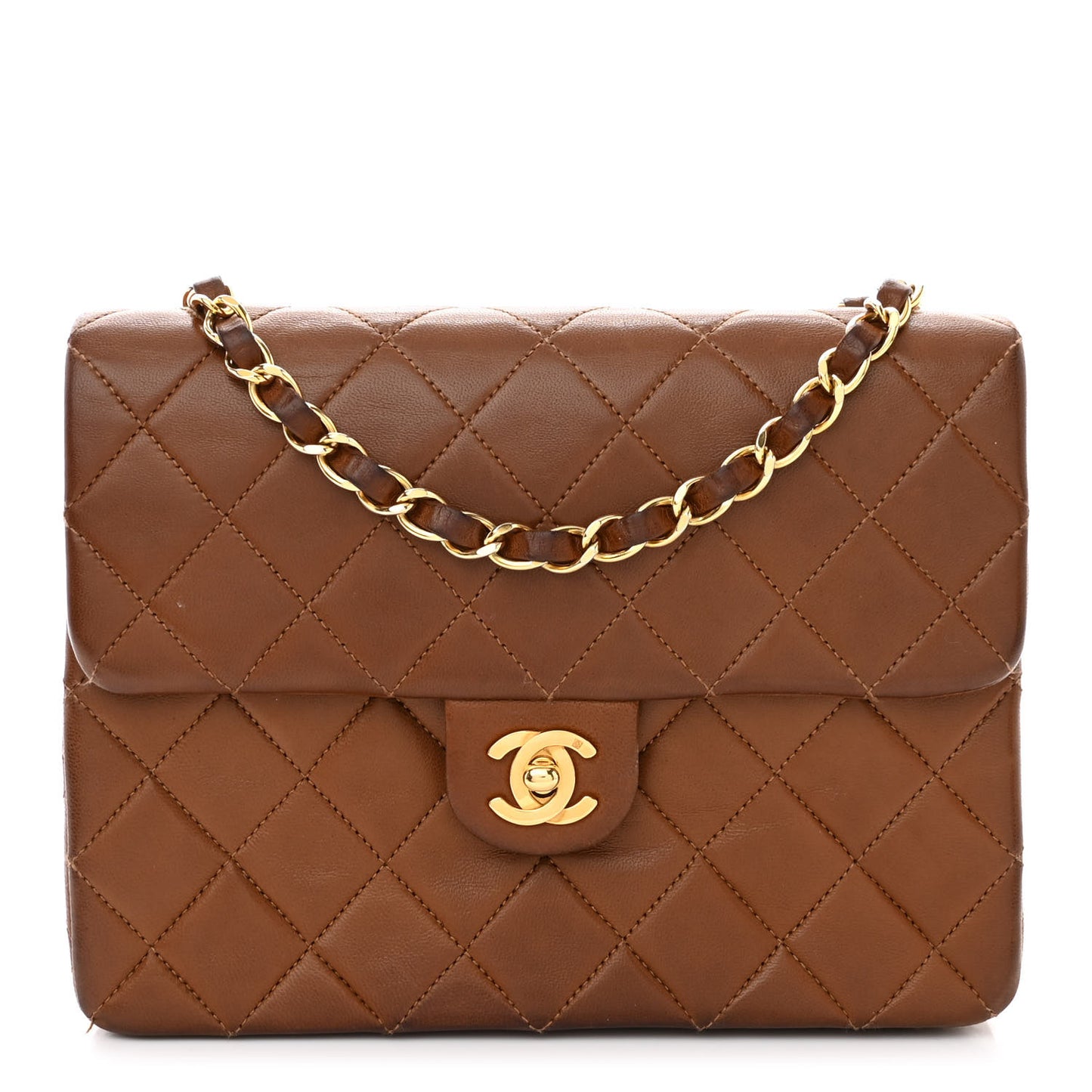 Lambskin Quilted Small Single Flap Brown