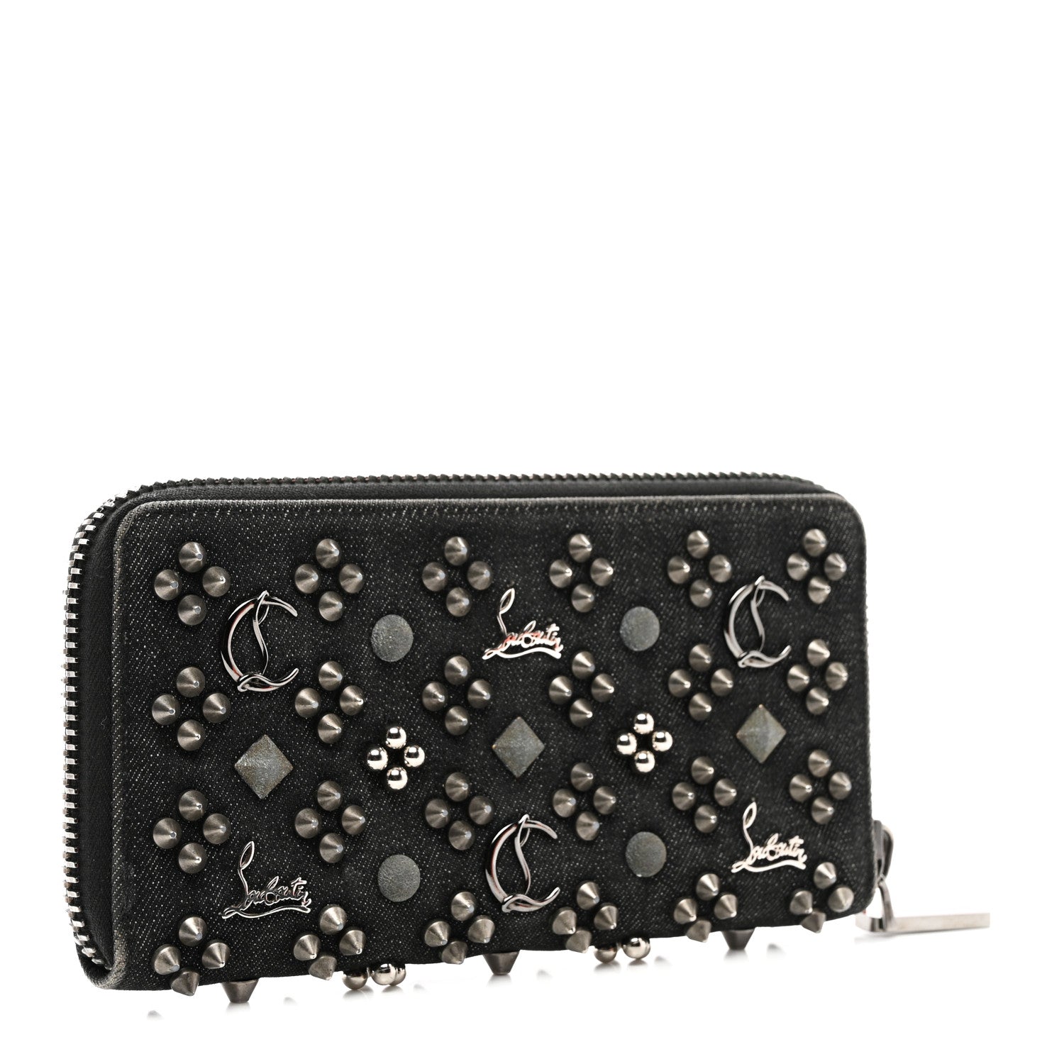 Christian Louboutin Denim Panettone Spiked Zip Around Wallet Black 3 of 6