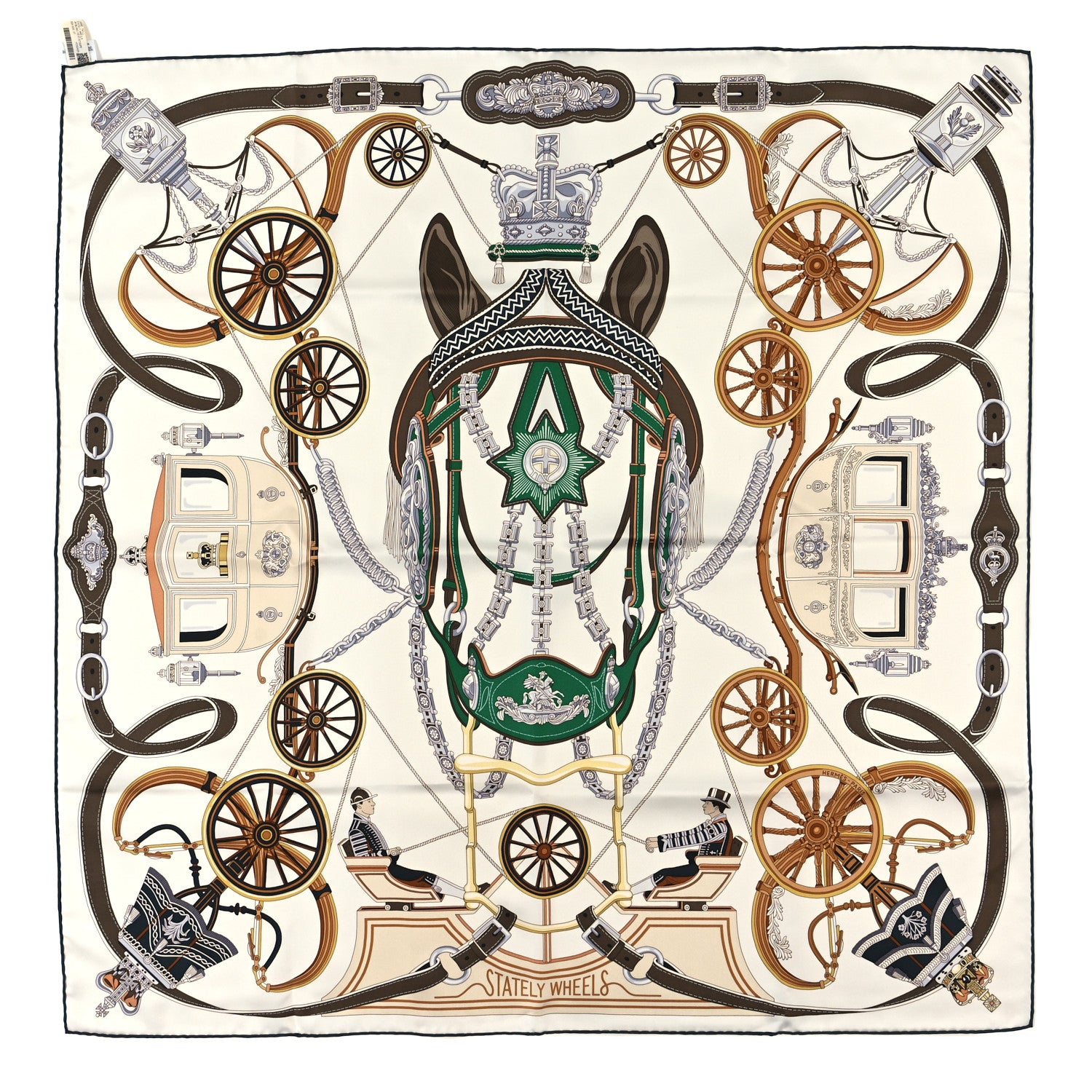 Hermes Silk Stately Wheels Scarf 90 White Vert Etoupe 1 of 3
