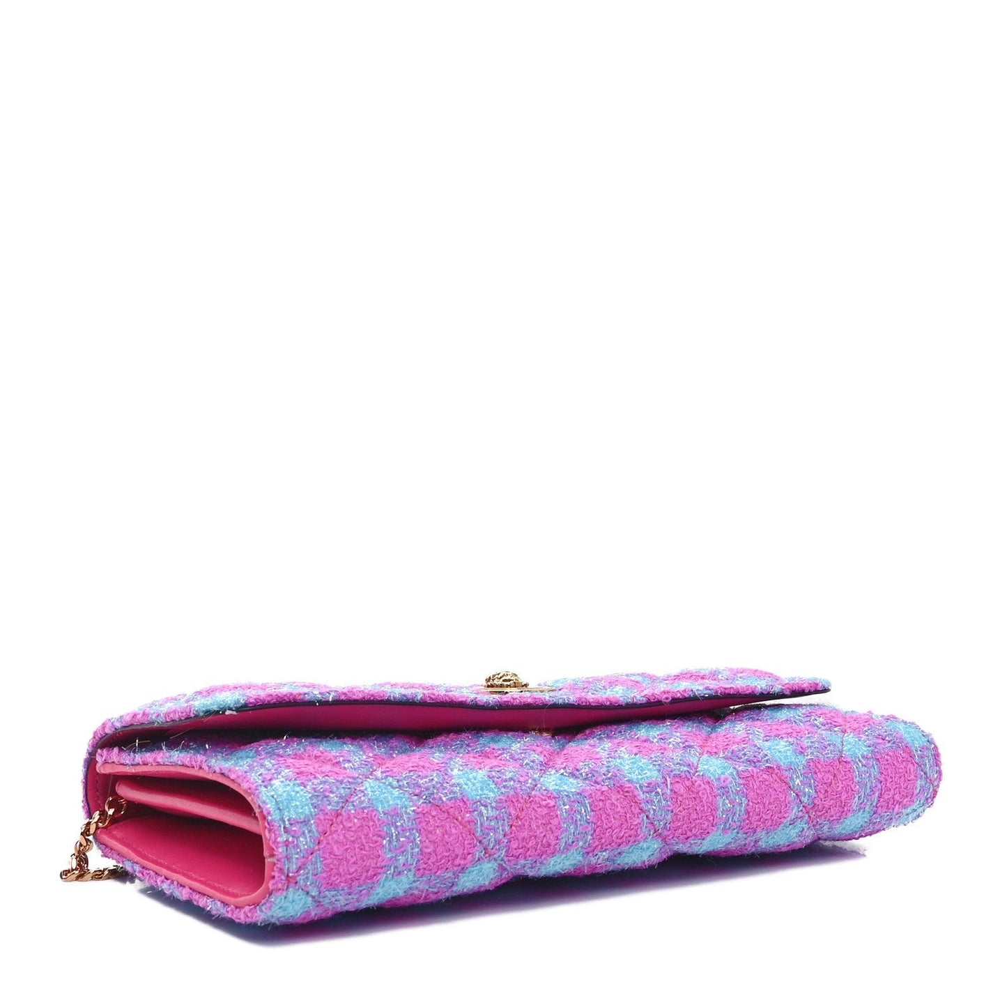 Tweed Quilted Medusa Wallet on Chain Crossbody Pink Blue