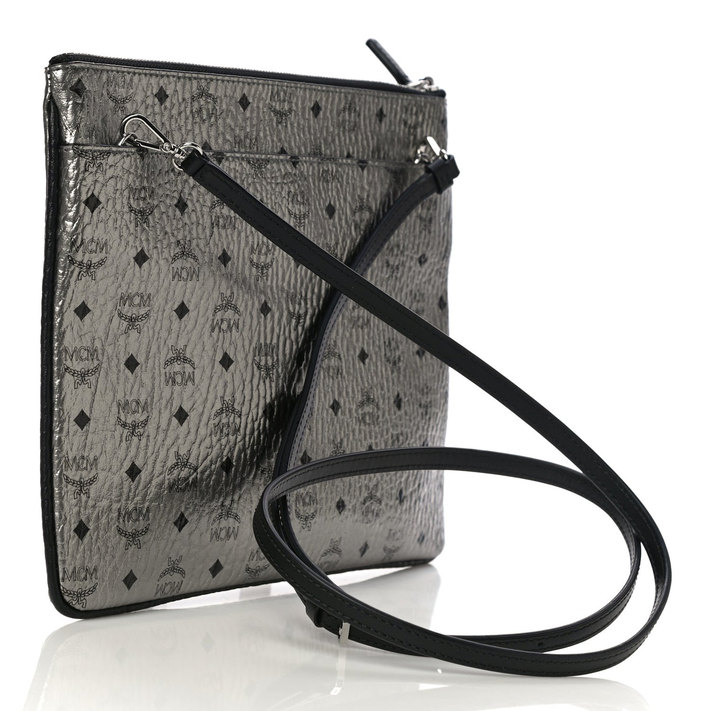 Metallic Visetos Medium Crossbody Pouch Silver