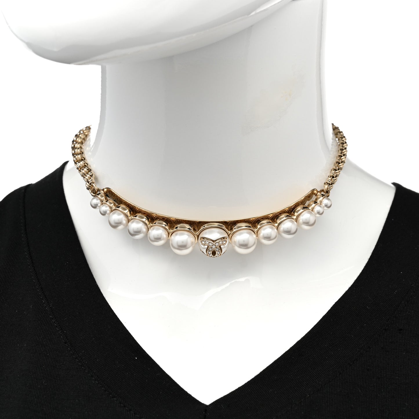 Pearl Crystal CC Choker Necklace Gold Pearly White