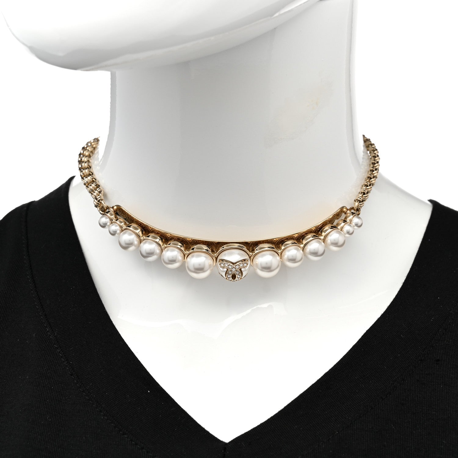 Chanel Pearl Crystal CC Choker Necklace Gold Pearly White 2 of 6