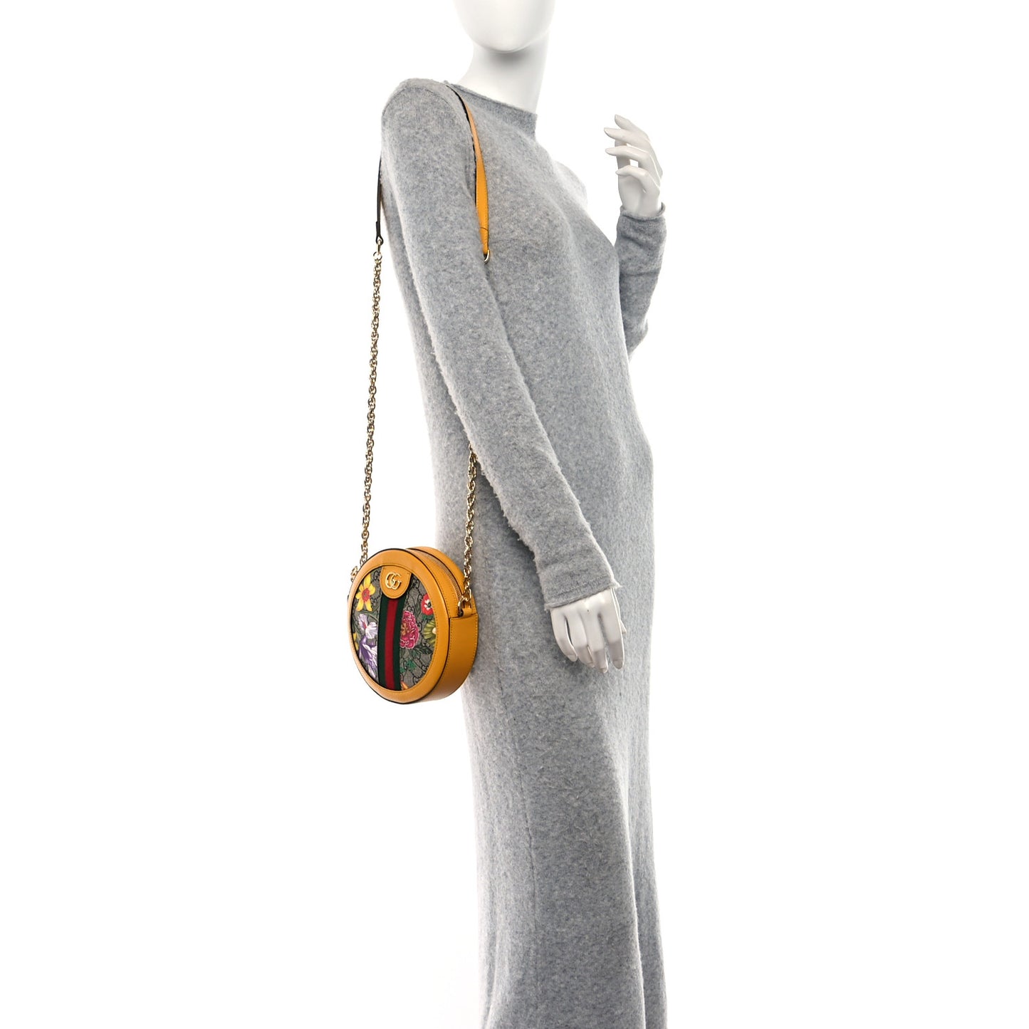 GG Supreme Monogram Flora Web Mini Ophidia Round Shoulder Bag Beige Multicolor Crop