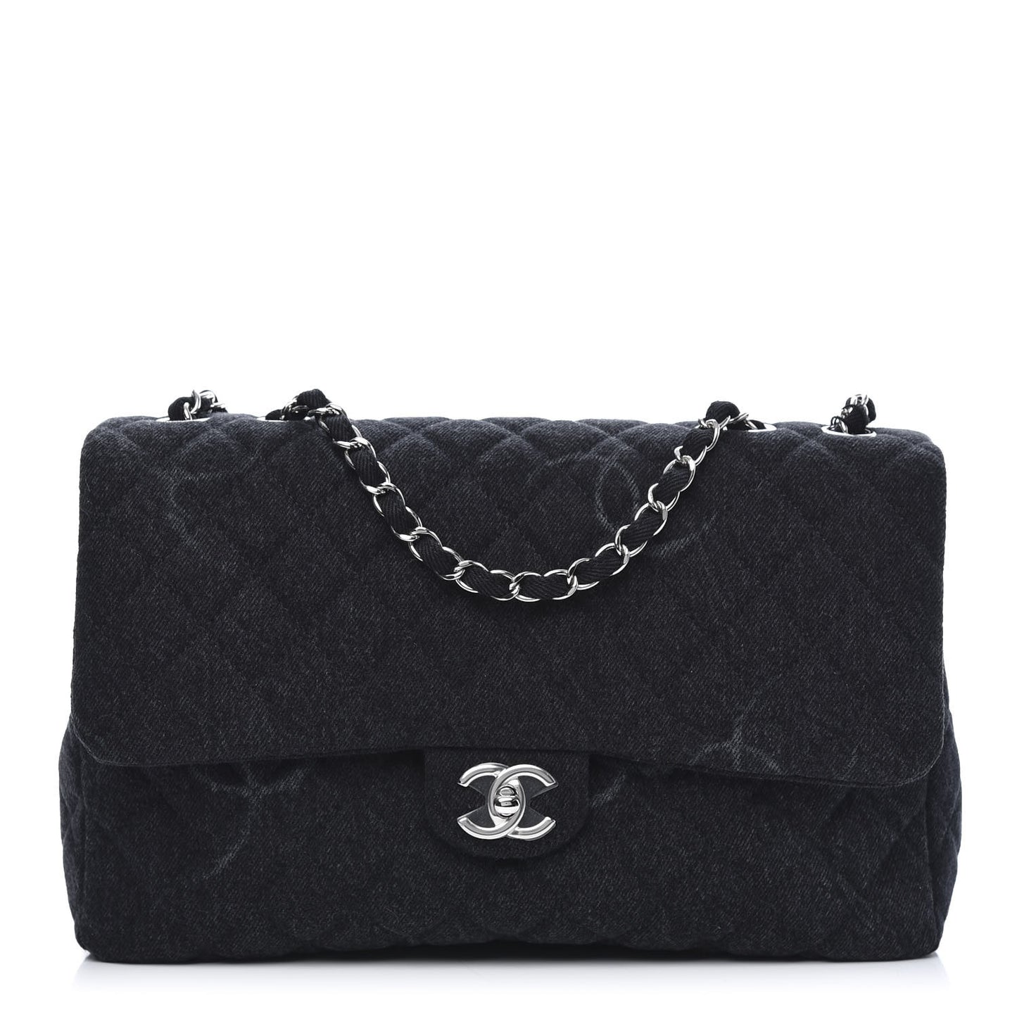 Denim Quilted CC Print Jumbo Single Flap Black