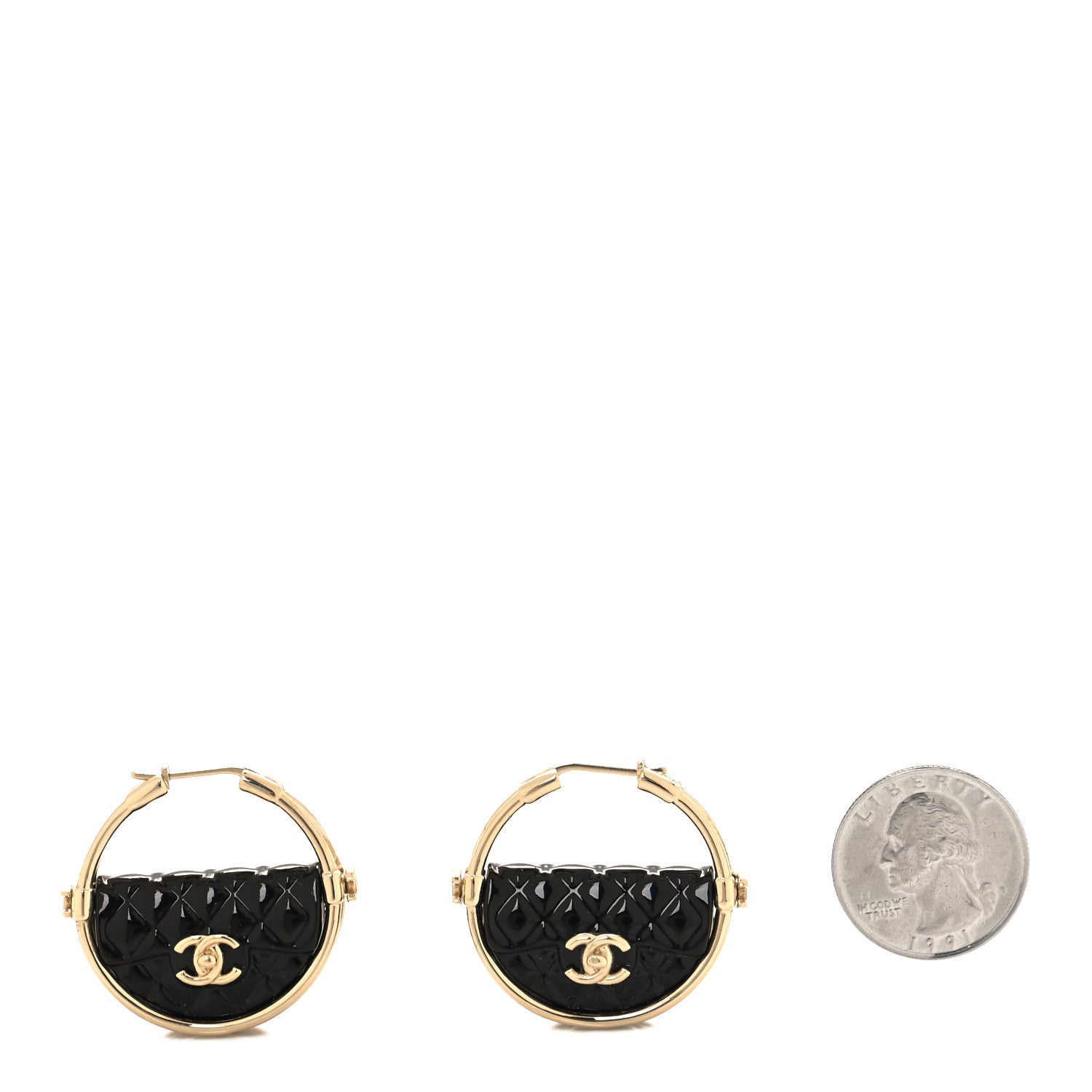 Chanel Metal Resin Quilted Flap Bag Hoop Earrings Black Gold 2 of 5