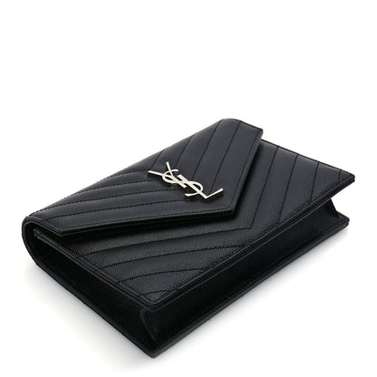 Saint Laurent Grain De Poudre Matelasse Chevron Monogram Envelope Chain Wallet  Black 7 of 8