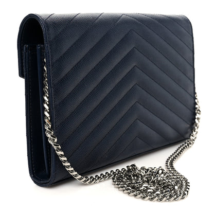 Saint Laurent Grain De Poudre Matelasse Chevron Monogram Chain Wallet Deep Marine 3 of 9