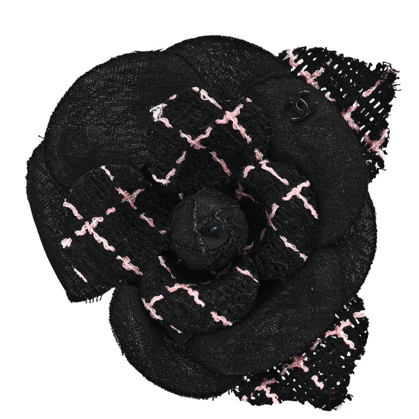 Tweed Camellia Pin Brooch Black Pink