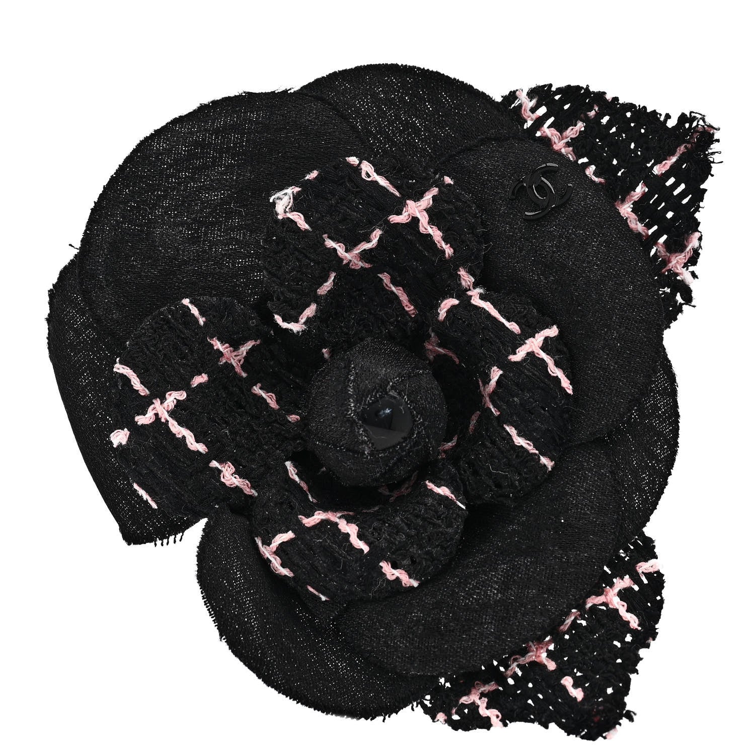 Chanel Tweed Camellia Pin Brooch Black Pink 1 of 3
