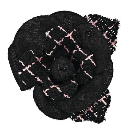 Chanel Tweed Camellia Pin Brooch Black Pink 1 of 3