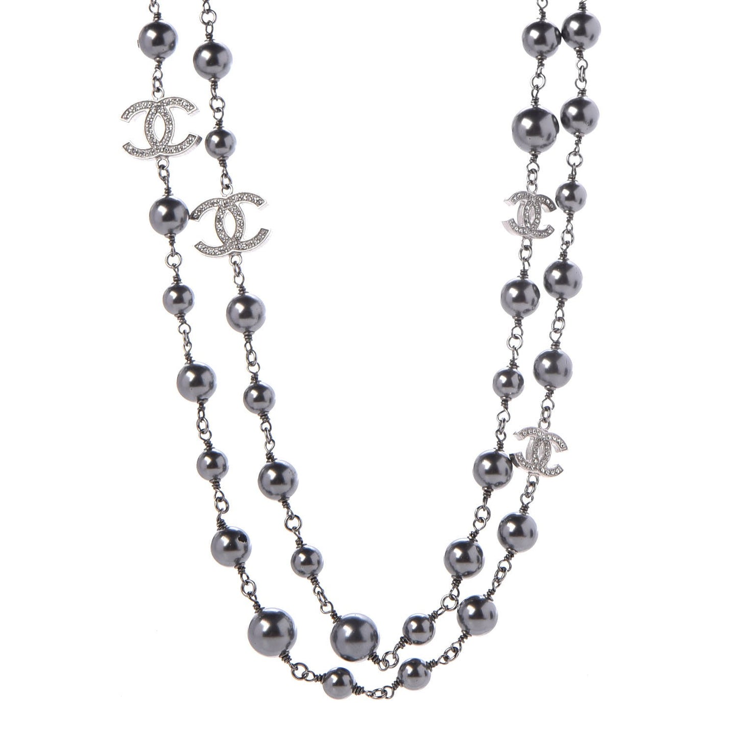Pearl Crystal CC Long Necklace Silver Grey
