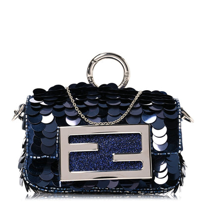 Fendi Sequin Paillettes Shiny Nappa Sex and the City Nano Maxi Buckle Baguette Charm Blue 1 of 7