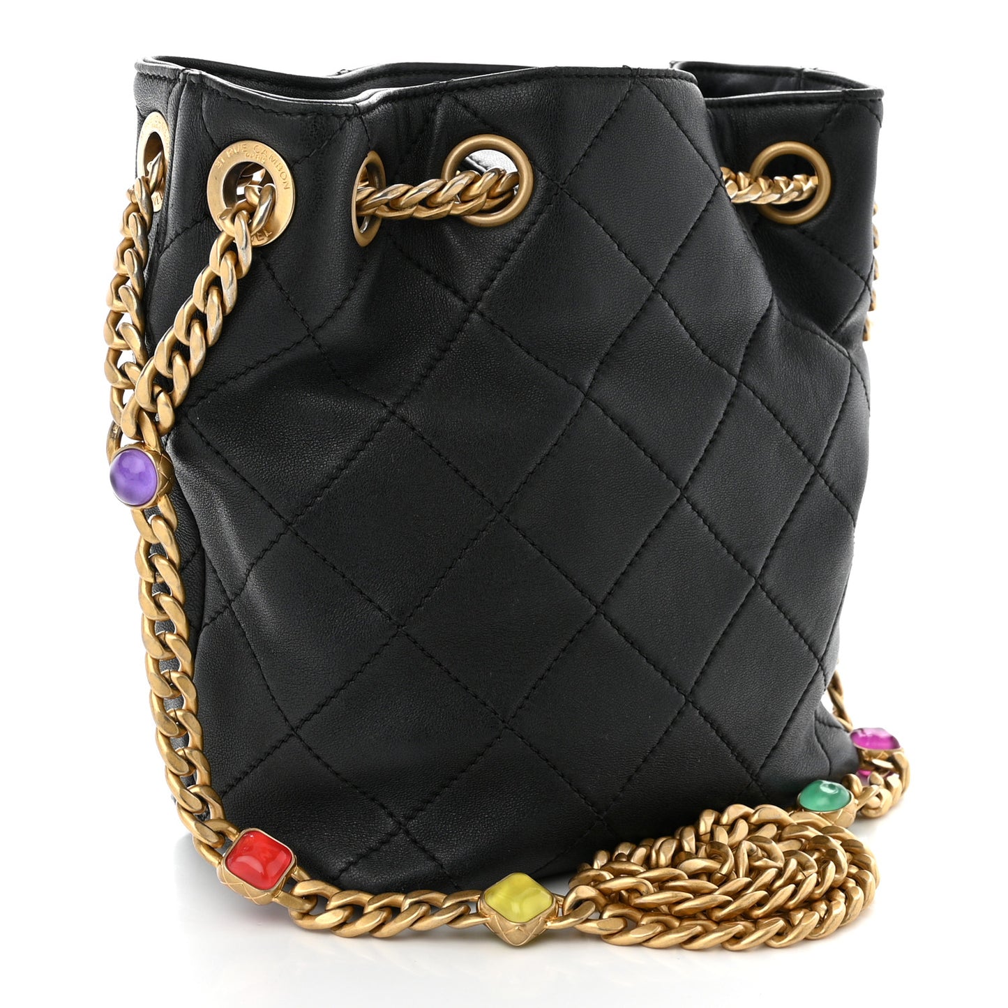 Lambskin Resin Quilted Small Pearl Samba Bucket Bag Black