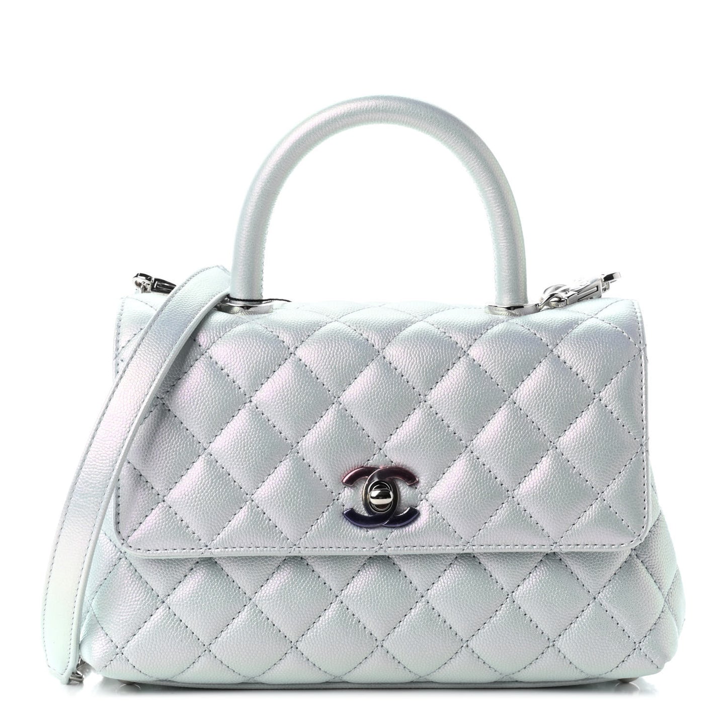 Iridescent Caviar Quilted Mini Coco Handle Flap Light Blue