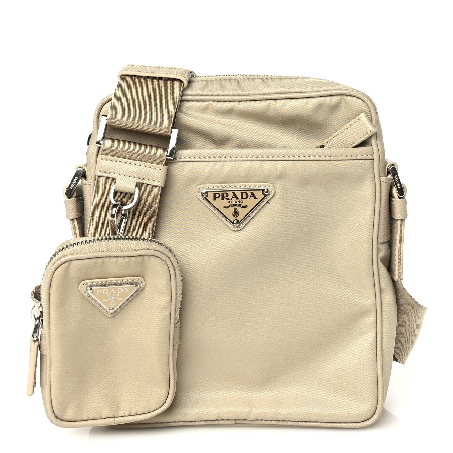 Tessuto Nylon Saffiano Front Pocket Zip Messenger With Pouch Beige
