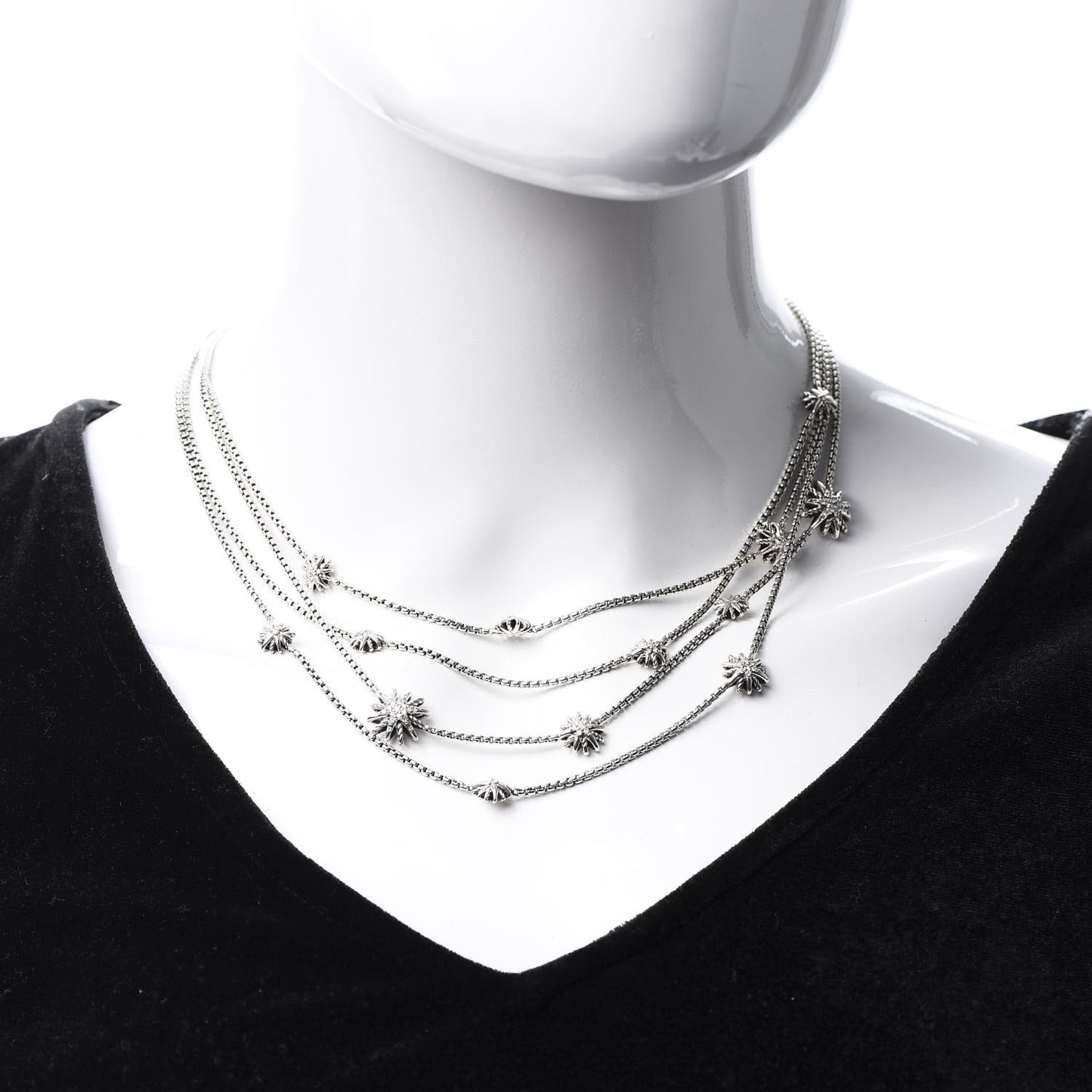 Sterling Silver Diamond Multi Strand Starburst Station Necklace