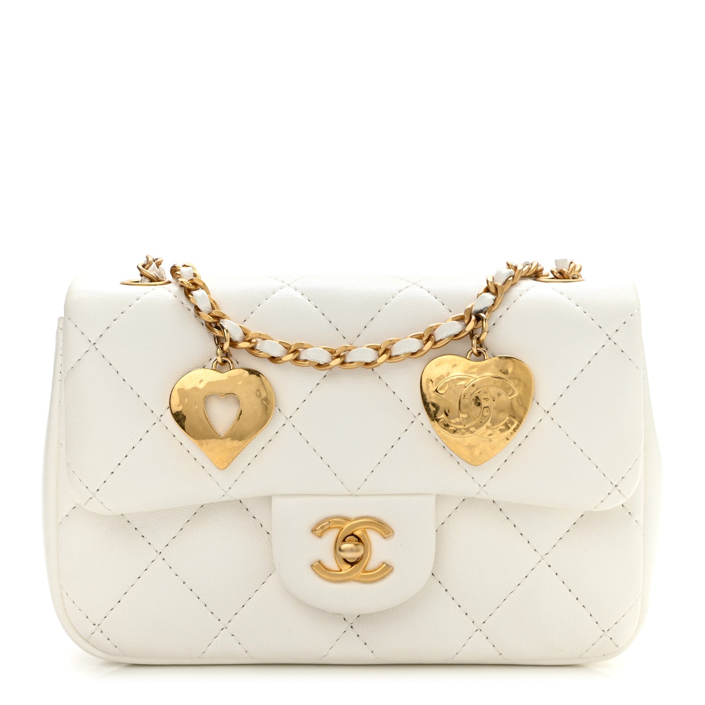 Lambskin Quilted Mini Heart Charms Flap White