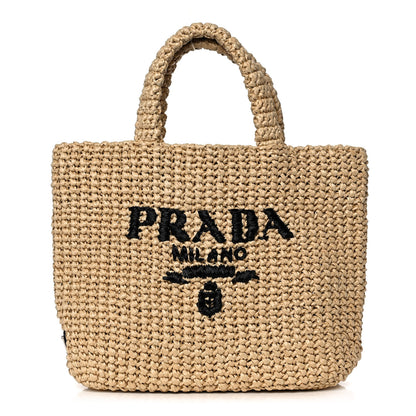 Prada Yarn Raffia Effect Crochet Embroidered Small Logo Tote Naturale 1 of 10