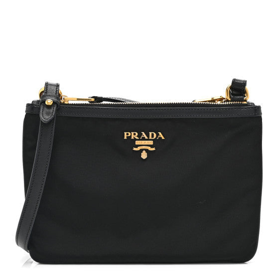 Tessuto Nylon Soft Calf Double Zip Crossbody Bag Black