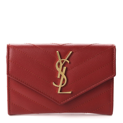 Saint Laurent Grain De Poudre Matelasse Chevron Small Monogram Envelope Wallet New Red 1 of 7