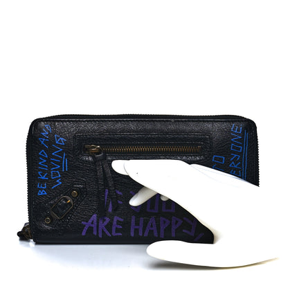 Balenciaga Agneau Arena Graffiti All Over Classic Hardware Continental Zip Around Wallet Black Bleu Violet 2 of 8