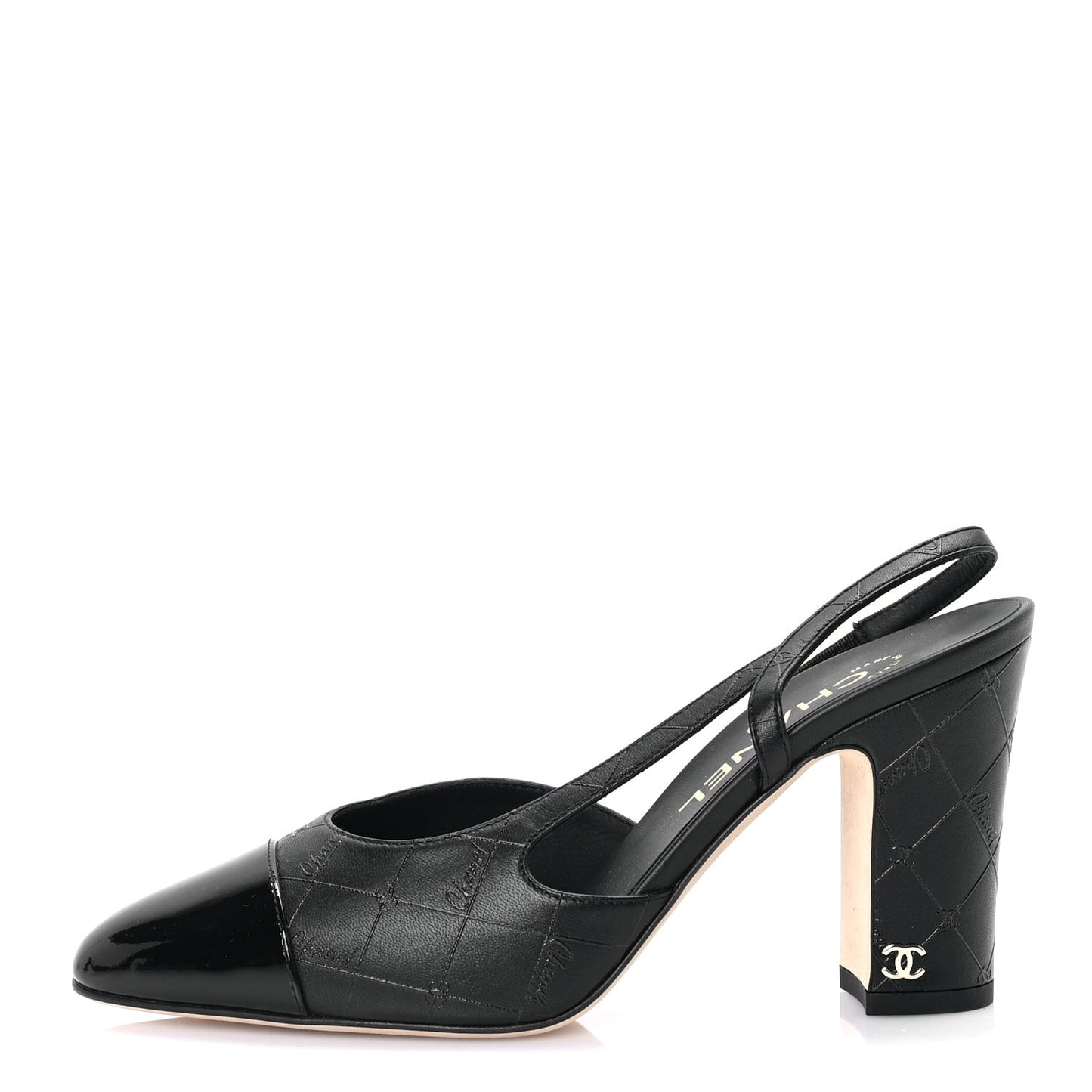 Lambskin Patent Calfskin Quilted Cap Toe Coco CC Slingback Pumps 37.5  Black