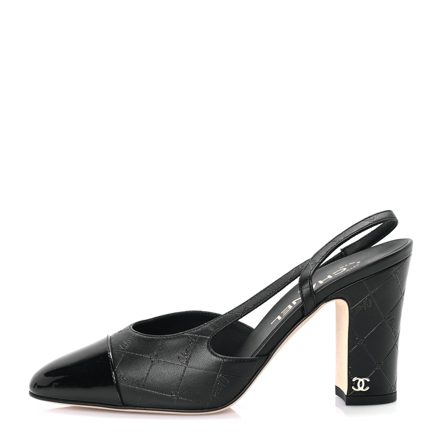 Chanel Lambskin Patent Calfskin Quilted Cap Toe Coco CC Slingback Pumps 37.5  Black 1 of 8