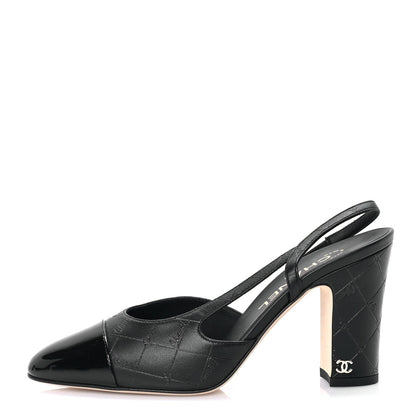 Chanel Lambskin Patent Calfskin Quilted Cap Toe Coco CC Slingback Pumps 37.5  Black 1 of 8