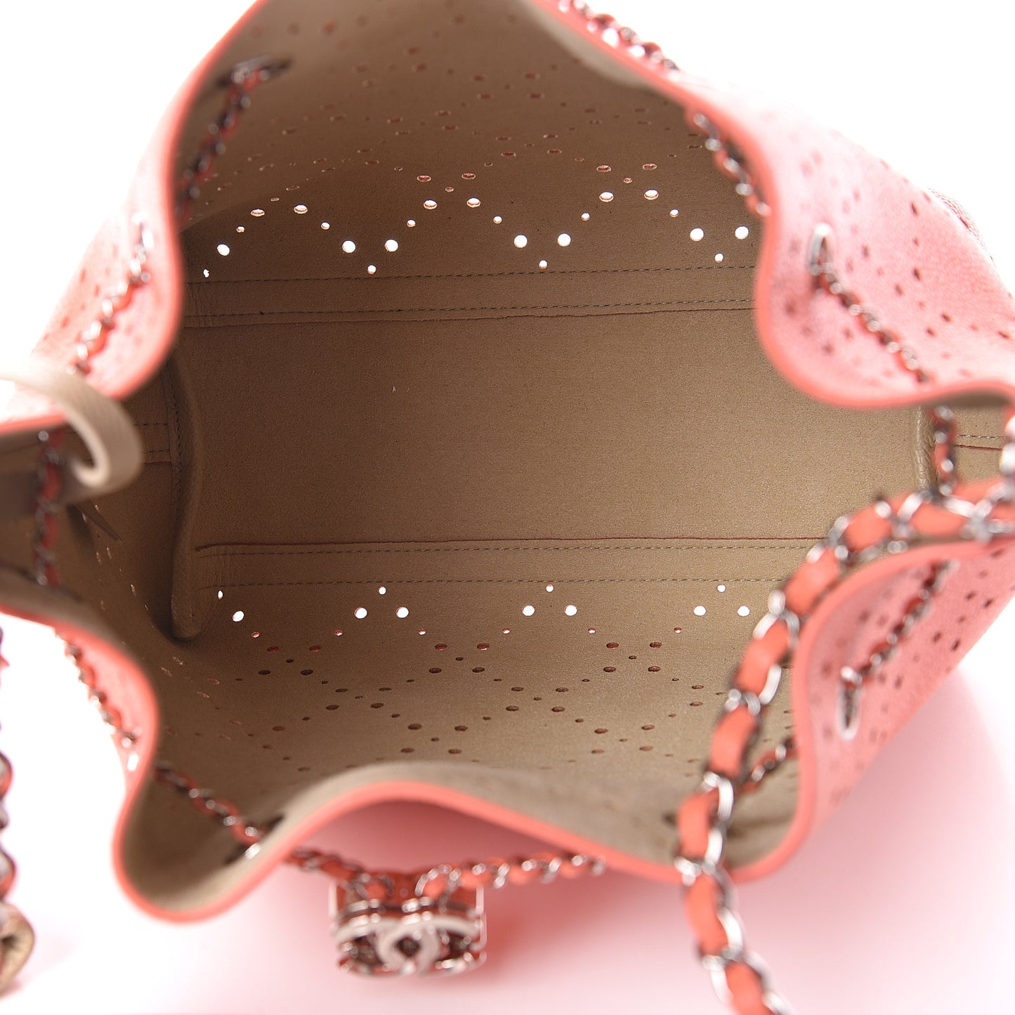 Caviar Perforated Drawstring CC Bag Coral Beige