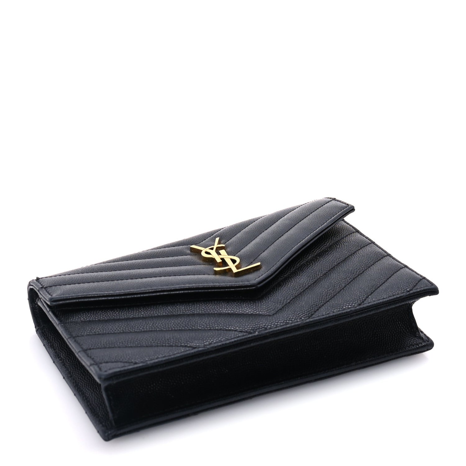 Saint Laurent Grain De Poudre Matelasse Chevron Monogram Envelope Chain Wallet Black 3 of 8