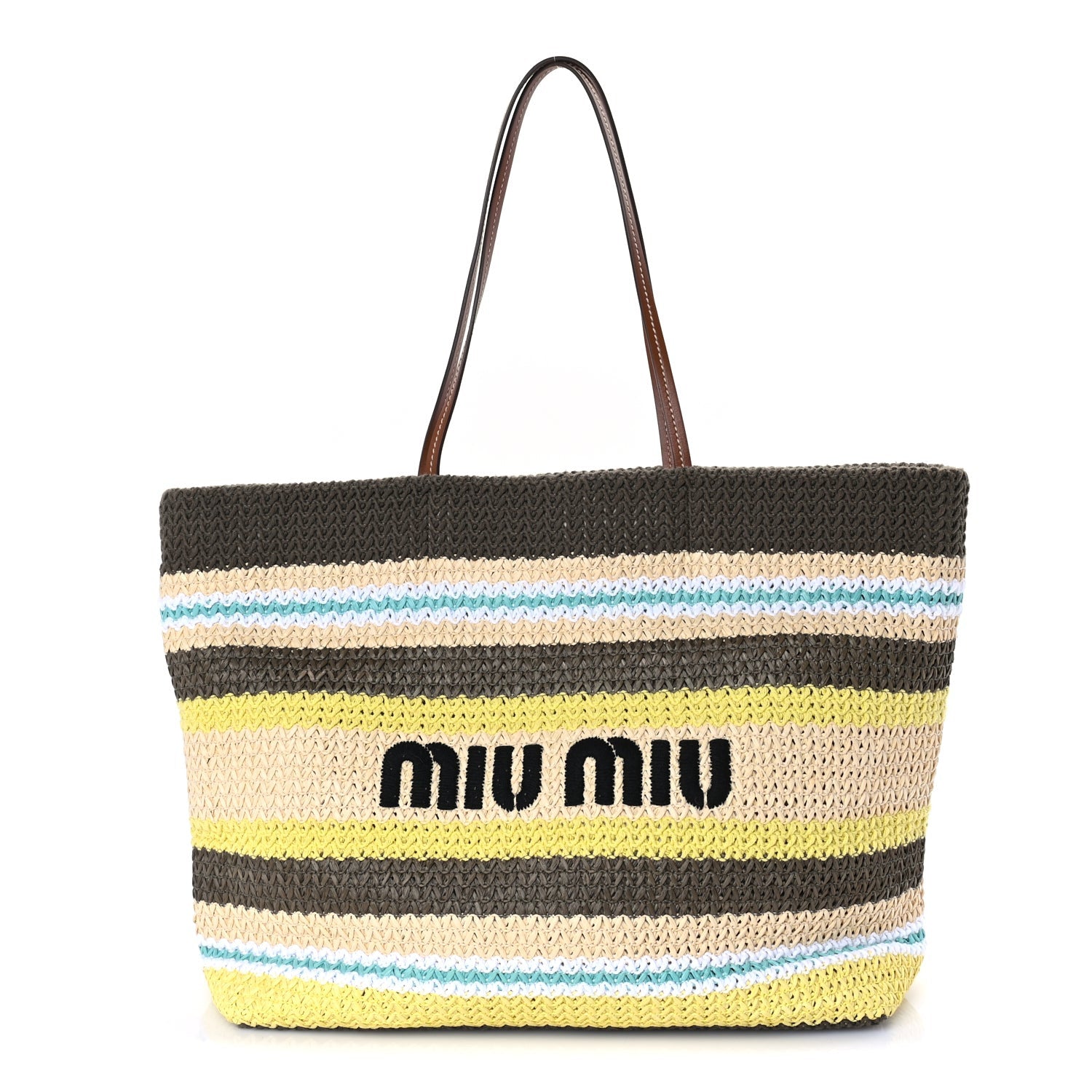 Miu Miu Raffia Crochet Stripe Tote Bag Tundra Limone Natural 1 of 7