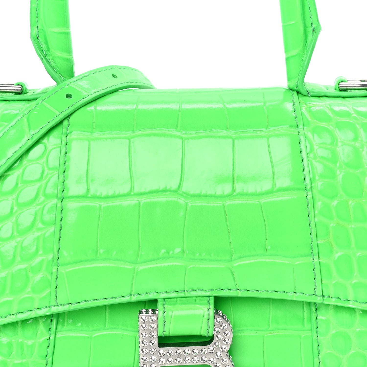 Balenciaga Shiny Calfskin Strass Crocodile Embossed Hourglass Top Handle Bag XS  Fluo Green 6 of 7