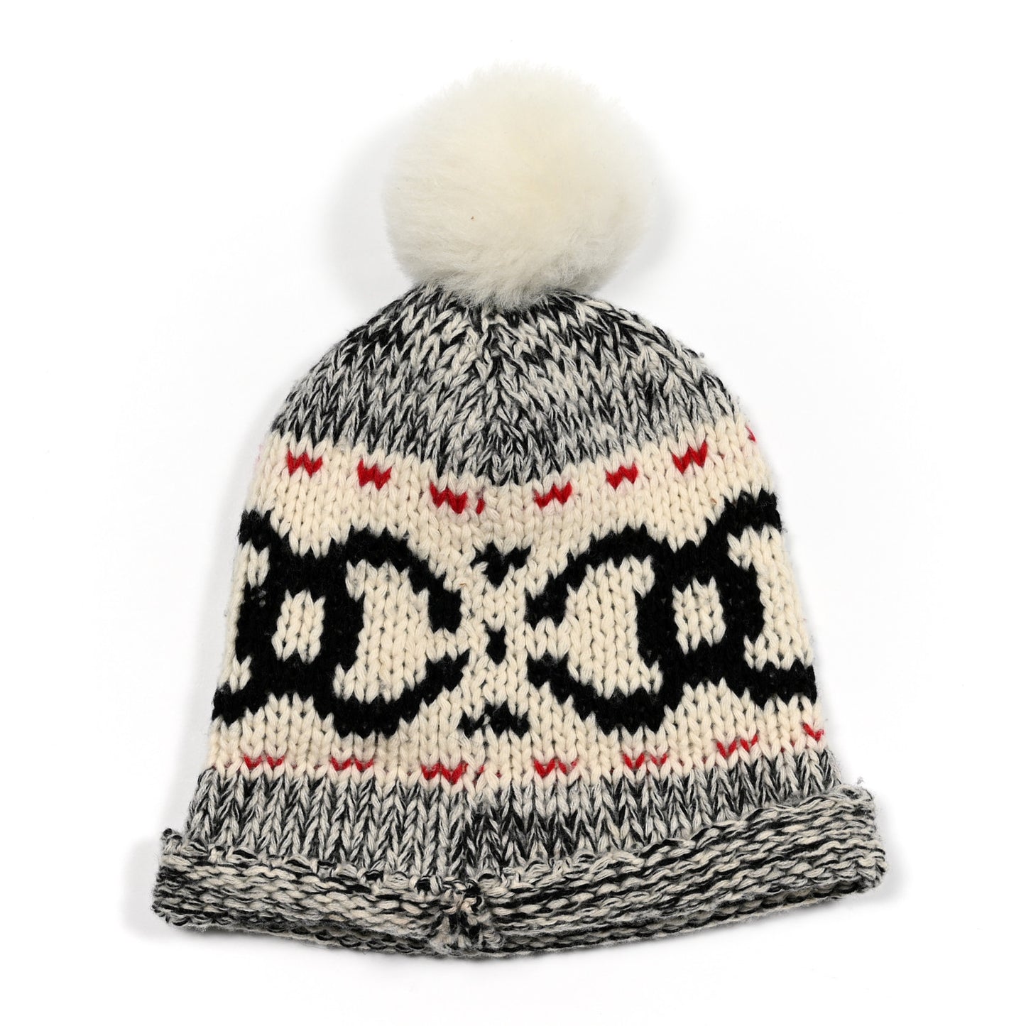 Wool Shearling CC Beanie Hat Grey Black Red