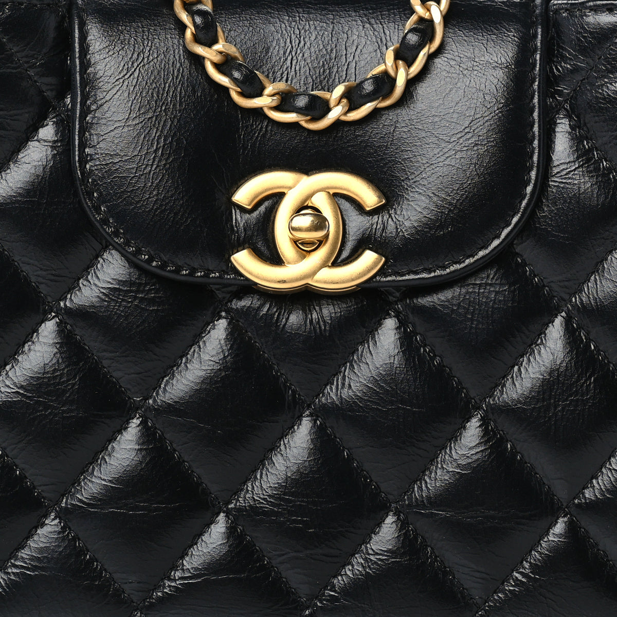 Shiny Aged Calfskin Quilted Nano Kelly Shopper Black