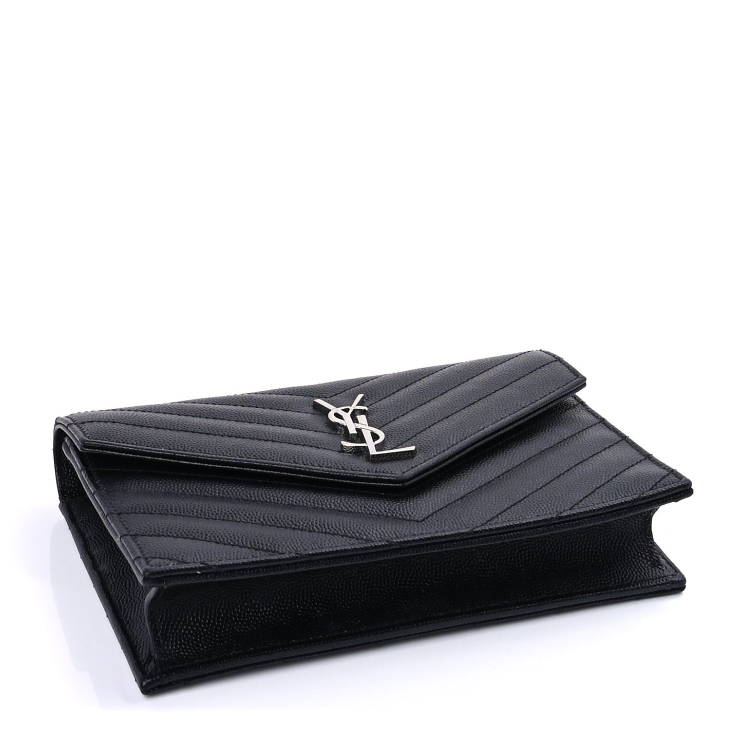 Grain De Poudre Matelasse Chevron Monogram Envelope Chain Wallet Black