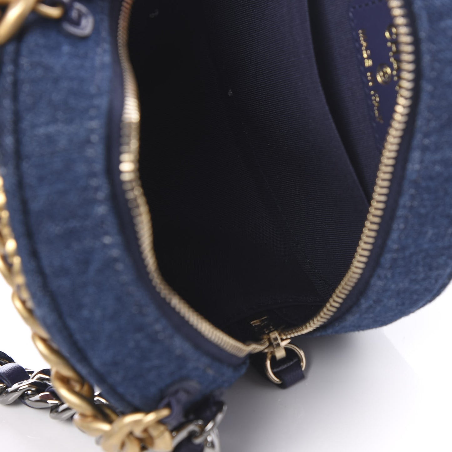 Denim Quilted Chanel 19 Round Clutch With Chain Blue