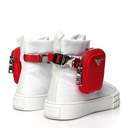 Prada Re-Nylon Gabardine Metal Triangle Logo Wheel Pouch Pocket High Top Sneakers 37 White Red 4 of 9