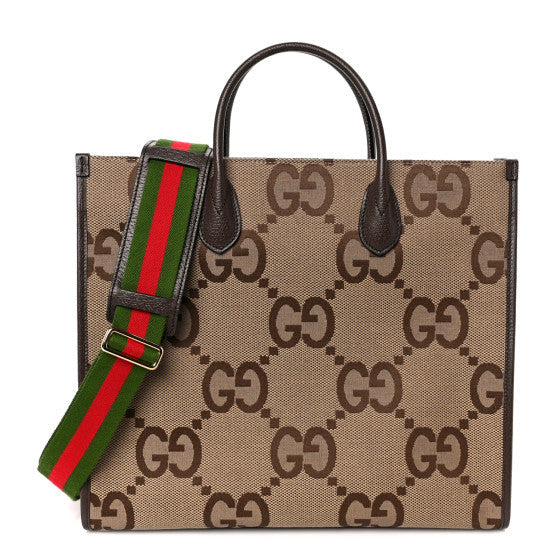 Gucci Monogram Jumbo GG Textured Dollar Calfskin Web Tote Bag Camel Ebony New Acero 1 of 1