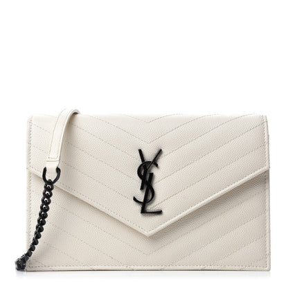 Saint Laurent Grain De Poudre Matelasse Chevron Monogram Envelope Chain Wallet Dove White 1 of 11